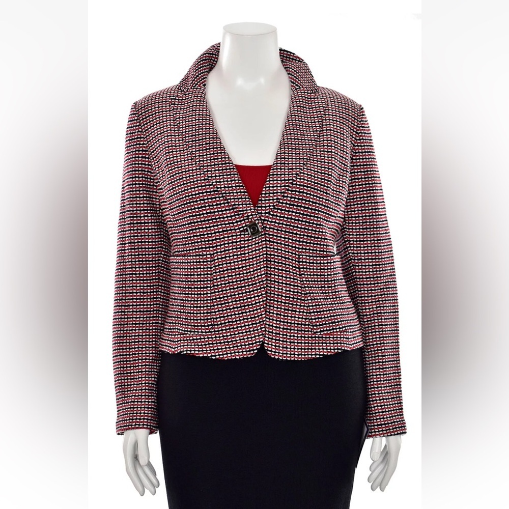 St. John Knit Jacket Navy Blue White Red Black Blazer Cropped Style Size 12 Wool